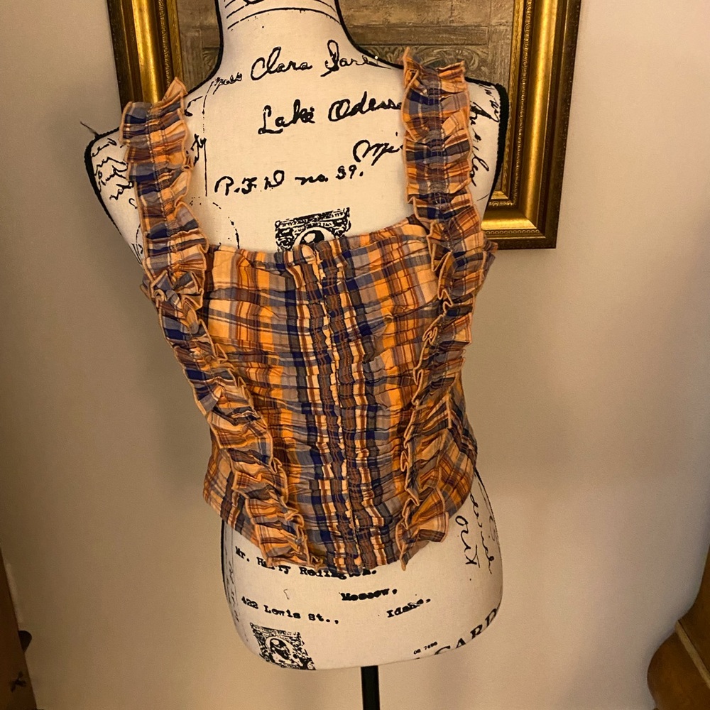 $98 New ANTHROPOLOGIE RUFFLED PLAID Tank Top Shirt By VERB Sz Medium NWT